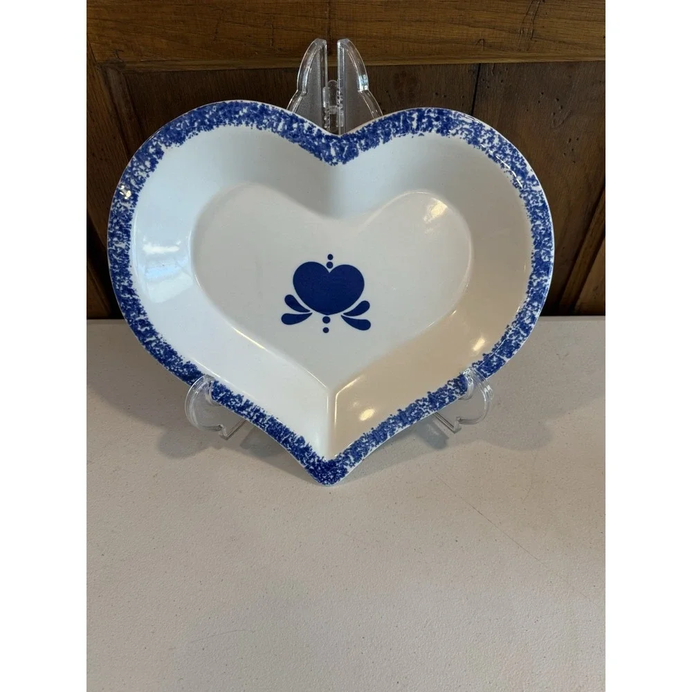 VTG Heart Shaped Pie Baking Dish Blue & White Cottagecore 1980s Stoneware 12